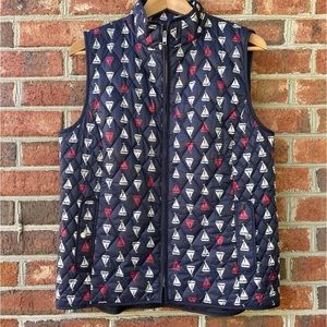 ☀️ Talbots - M - Sailboat Print Quilted Vest Puffer Navy Blue Red White Medium